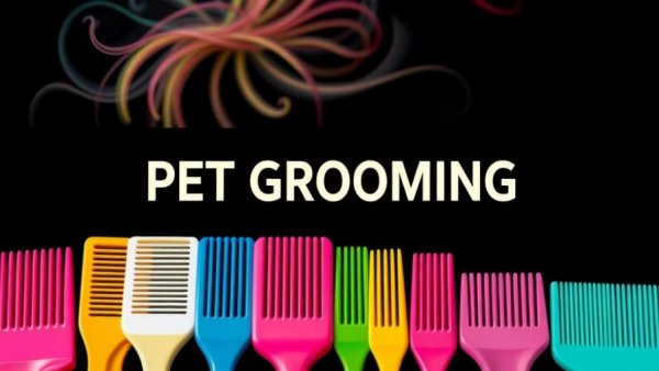 Colorful pet grooming combs highlighting mobile pet grooming service.