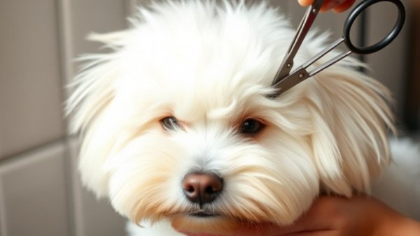 Grooming session highlighting dog grooming tips, fluffy white dog being trimmed.