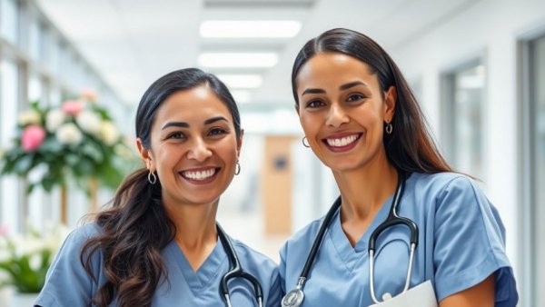 Happy women, one in medical attire, in a hospital setting. Children Health Careers.