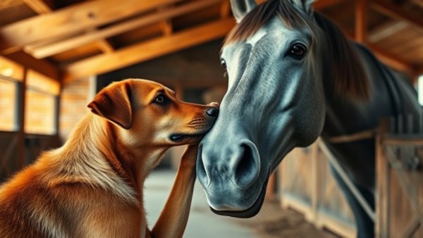 Odd animal couples: a dog and horse bond in a stable.