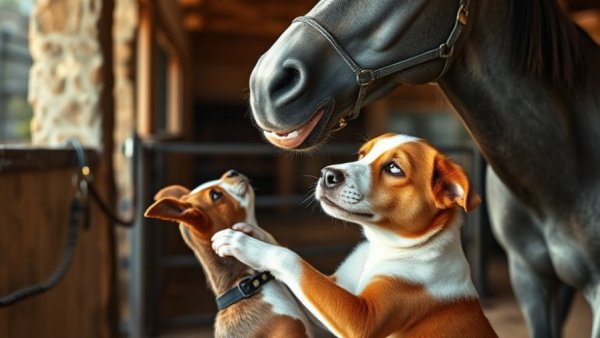 Funny Animal Couples: Dog playfully interacts with a horse in a stable.