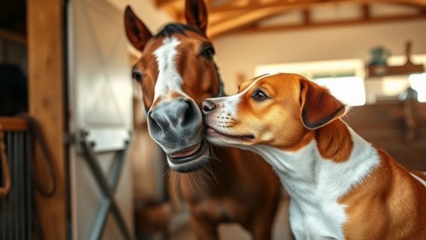 Playful dog interacting with horse in stable, funny pet stories.