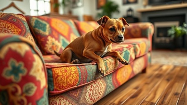 Small brown dog awkwardly trying to climb onto a colorful couch, dog behavior problems.