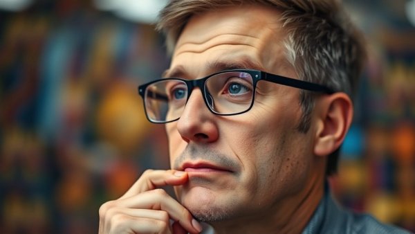 Thoughtful man pondering AI for small businesses, colorful background.