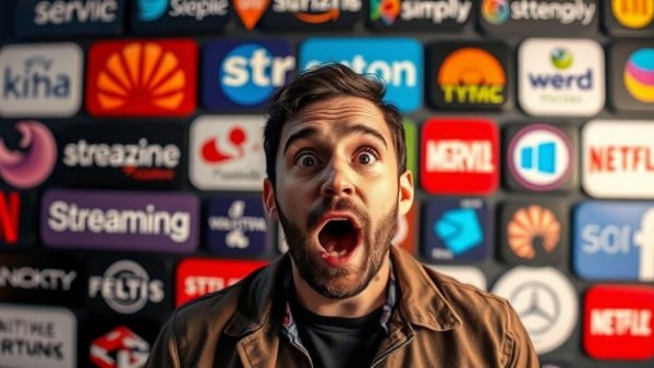 Surprised man with streaming service logos, SEO Marketing theme.