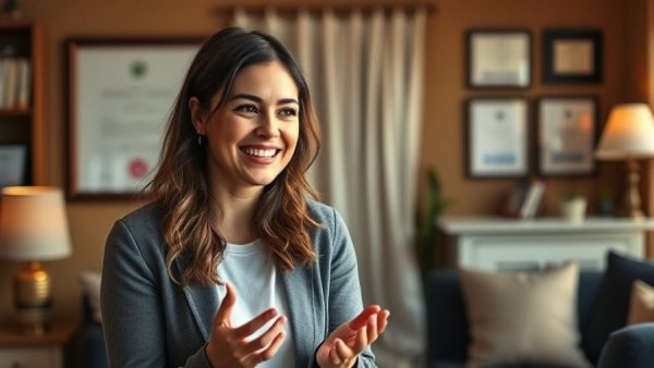 Confident woman discussing in home office setting