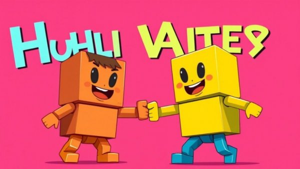 Blocky characters holding hands against pink background, pet comedy theme.