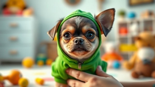 Dog in green outfit looking unamused indoors