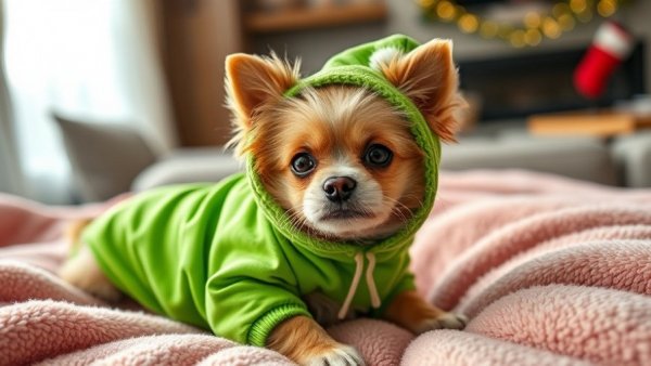 Small dog humorously dressed in green winter clothes, lounging cutely.