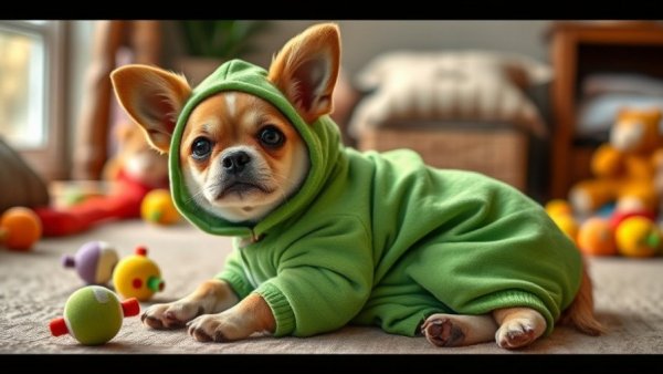 Dog funny moments: Playful dog in green outfit indoors.