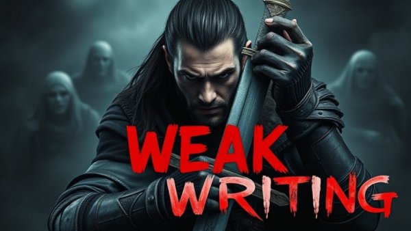 Intense medieval warrior with sword, 'Why Good Worldbuilding Hurts Stories'.