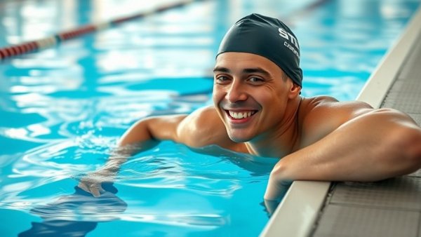 Swimmer smiling, resting in a pool, discussing sweating while swimming.