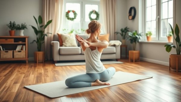 Woman practicing Reset Yoga Flow in calming home setting.