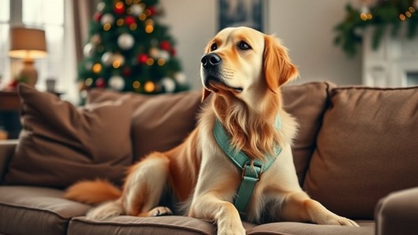 Golden retriever looking dramatic on couch with tree in background.