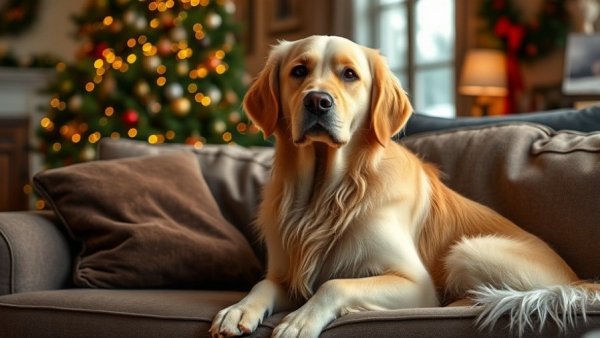 Golden retriever being dramatic for no reason on a couch.