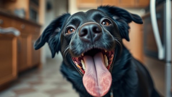Playful dog in kitchen anticipating treat, funny animal videos.