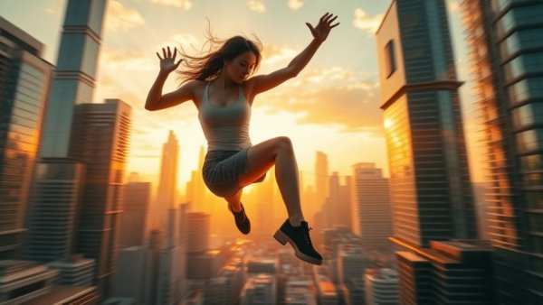 Action-packed scene showcasing AI in cinematics with a dynamic woman in cityscape.