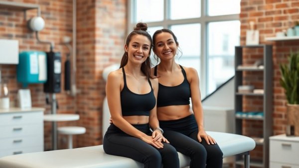 Two women sitting on a clinic table, embracing natural health choices.