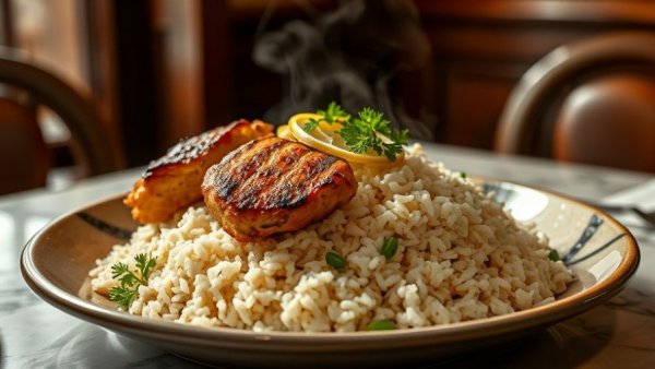 Healthy dining Ohio menu featuring rice and chicken in a cozy setting.