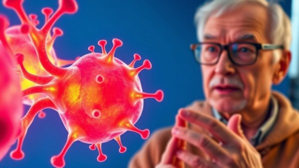 Animated stem cell next to man gesturing, regrow stem cells concept.