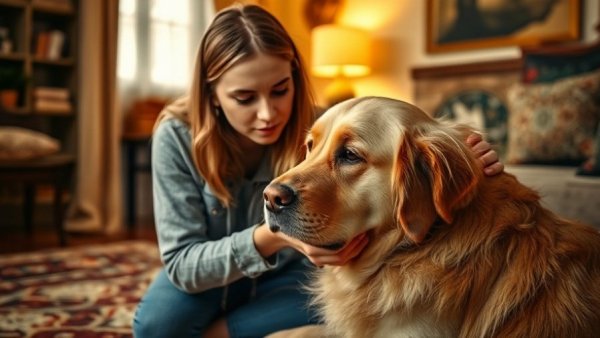Young woman comforting a dog, recognizing pet pain, indoor setting.