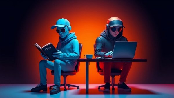 Digital illustration of 'Nerd' reading and 'Hustler' on a laptop under contrasting terms, related to RealEstate Investors.