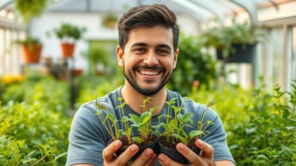 Gardener with seedlings promoting healthy crop planting indoors.