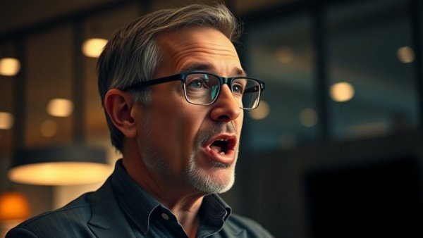 Middle-aged man energetically speaking indoors in cinematic lighting.