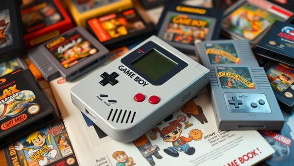 Retro Gaming Innovation with vintage Game Boy and cartridges on manual.