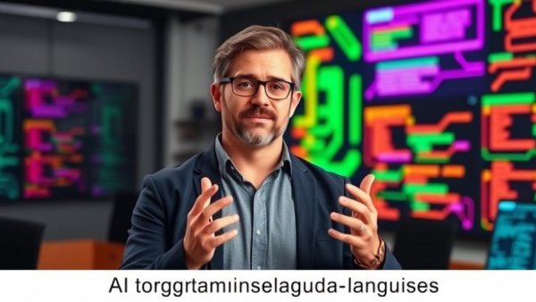 Expert discussing best language for AI development with vibrant graphics.