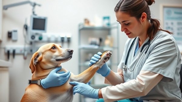Veterinarian checks dog's leg for paralysis in pet emergency.