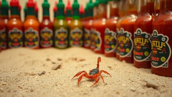 Unique Hot Sauce Facts for Pet Lovers: Scorpion explores hot sauce bottles.