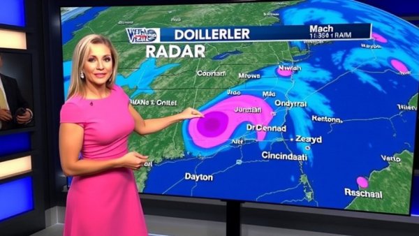 Live Doppler radar map of Miami Valley weather forecast with presenter.