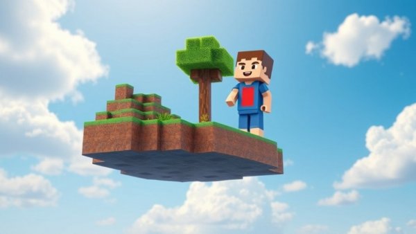 Floating island with two characters in a Minecraft-style world.