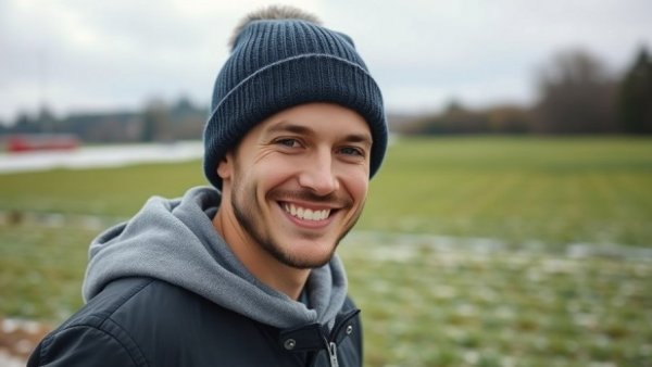 Man in winter attire standing on a field talking about exercise.