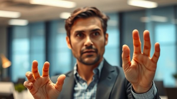 Person explaining AI search strategies with focused expression, office background.