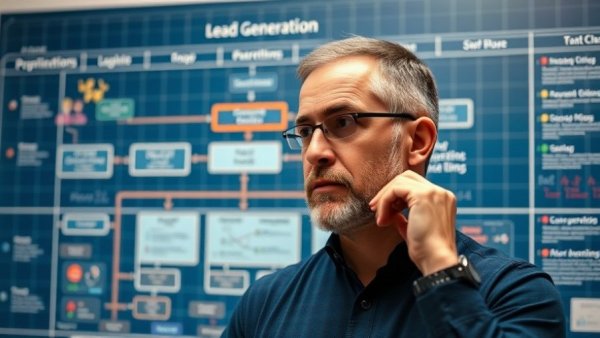 Man contemplating lead magnet strategy flowchart with marketing elements.