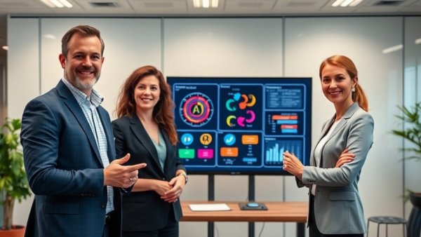 AI Agent Communication between two professionals in front of digital concepts.