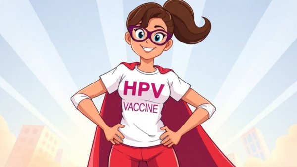 Animated superhero with HPV vaccine theme in radiating light.