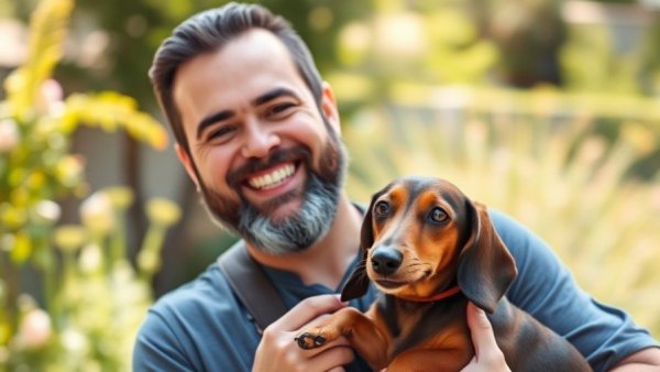 Bearded man happily holding a dachshund outside on a sunny day.