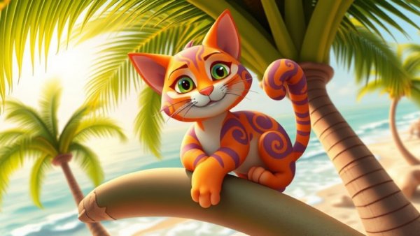 Cartoon cat with swirling patterns on tropical beach, pet comedy.