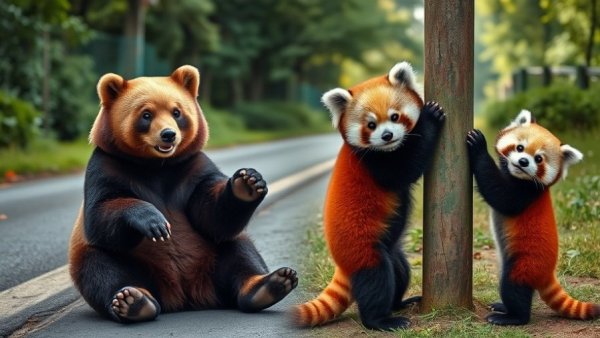 Animals in playful poses: bear, red panda, climbing bear.