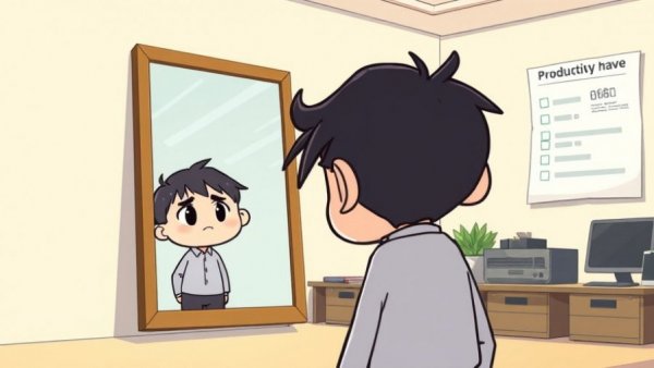 Cartoon about productivity dysmorphia showing self-reflection.