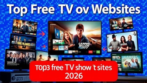 Top free websites to watch TV shows graphic with digital devices, 2026.