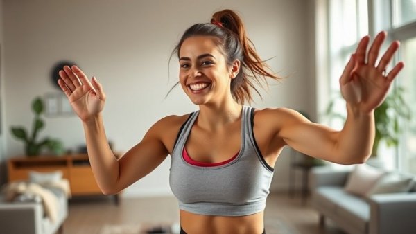 Woman preparing for bone health jump exercise indoors.
