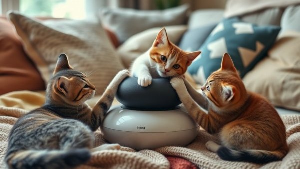 Playful cats with neck massager in funny cat video.