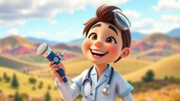 Funny pet cartoons featuring a joyful animated vet character in a colorful landscape.