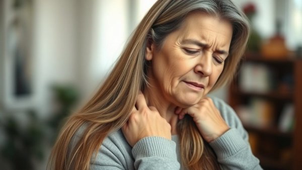 Woman massaging neck suggests worst sleeping position for CPAP.