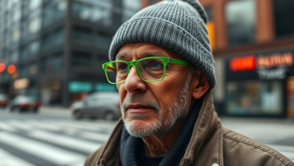 Time management expert contemplating in urban setting, vibrant design.