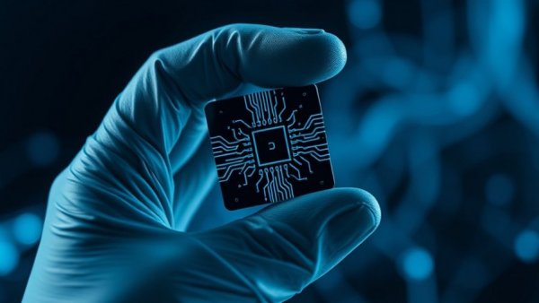 Futuristic AI microchip with neural network design.